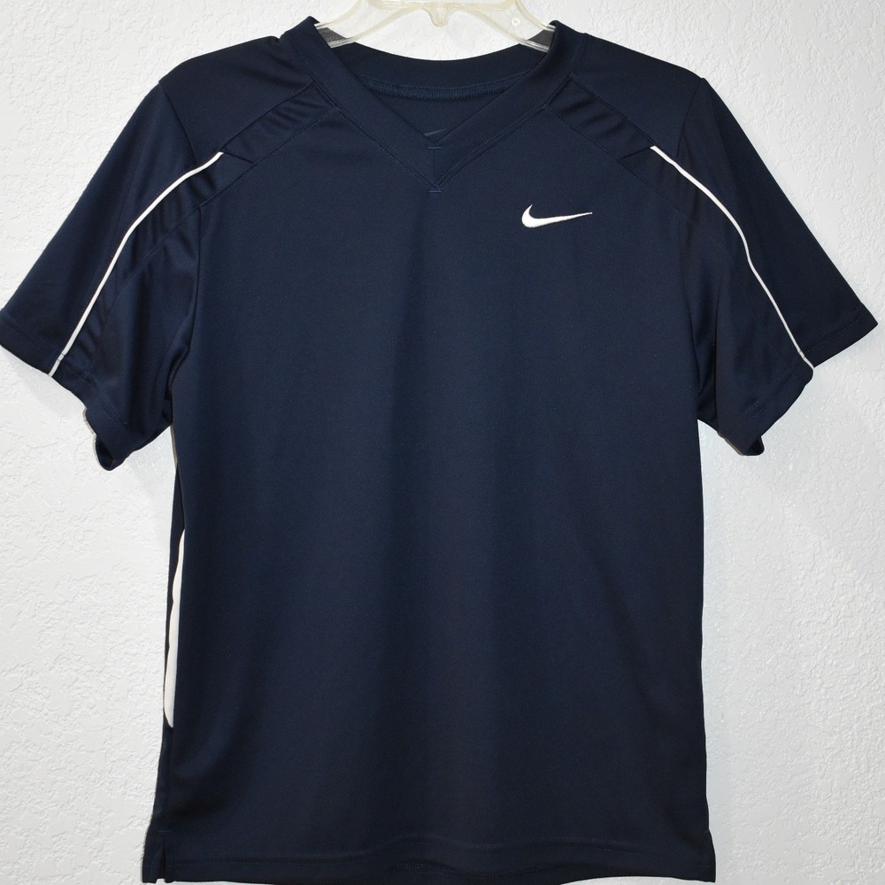 Nike Dri-FIT Navy Blue White Accent Short Sleeve Athletic Shirt Womens XL
